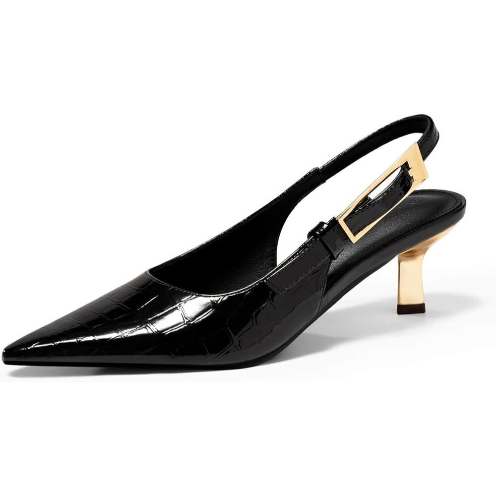 Women's Black Slingback Kitten Heels Closed Pointed Toe Pumps Buckle Strap